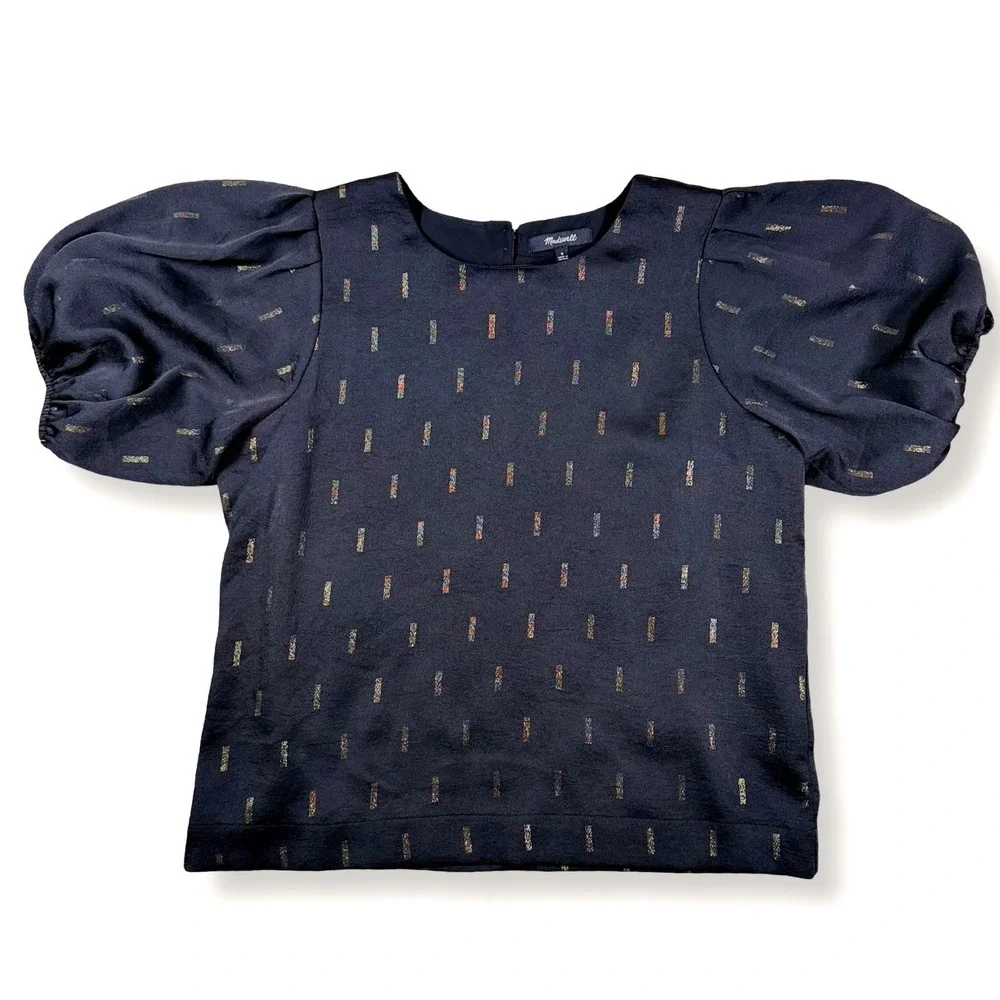Madewell Womens Black Metallic Gold Dash Puff Sleeve‎ Blouse Top MC056 Small